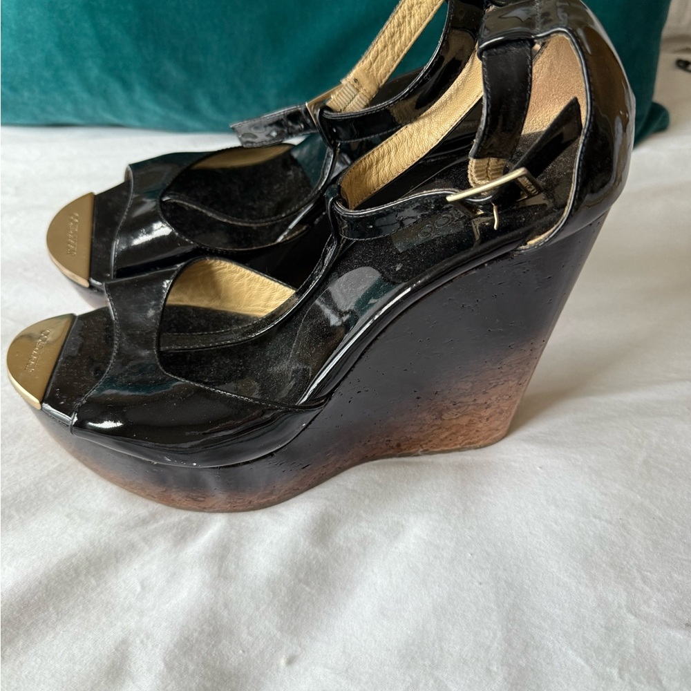 Jimmy Choo Black Wedge Sandals with Patent Leather and Strappy Design